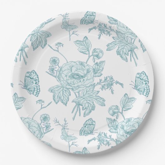 Block Print Aqua Paper Plates Papieren Bordje (Voorkant)