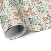 Block Print Schaap Ezel Quilt - Groen Bruin. Cadeaupapier (Rol Hoek)