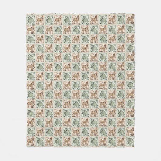 Block Print Schaap Ezel Quilt - Groen Bruin. Fleece Deken (Voorkant)