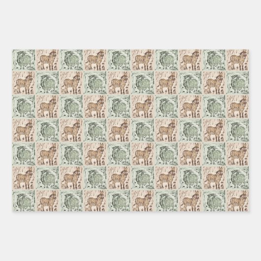 Block Print Schaap Ezel Quilt - Groen Bruin. Inpakpapier Vel (Voorkant)
