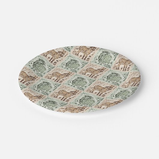 Block Print Schaap Ezel Quilt - Groen Bruin. Papieren Bordje (Gekanteld)