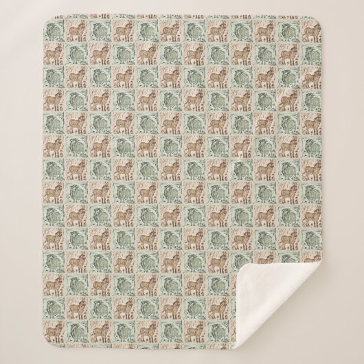 Block Print Schaap Ezel Quilt - Groen Bruin. Sherpa Deken (Voorkant)