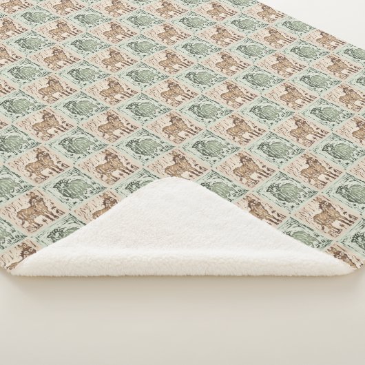 Block Print Schaap Ezel Quilt - Groen Bruin. Sherpa Deken (3/4)