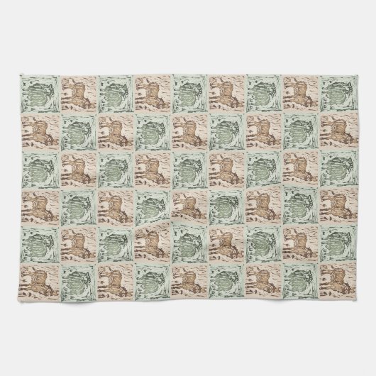 Block Print Schaap Ezel Quilt - Groen Bruin. Theedoek (Horizontaal)