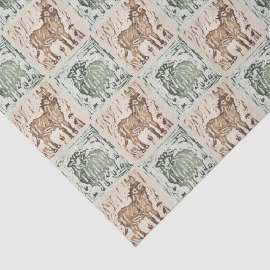Block Print Schaap Ezel Quilt - Groen Bruin. Tissuepapier (Detail)