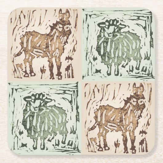 Block Print Sheep Donkey Quilt - farm animals. Kartonnen Onderzetters (Voorkant)
