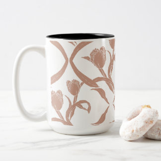 Block print tulips beige, wheat golden tweekleurige koffiemok
