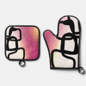 Blockchain: Abstract Roze, Geel, Zwart & Wit Ovenwant & Pannenlap Set (Voorkant)