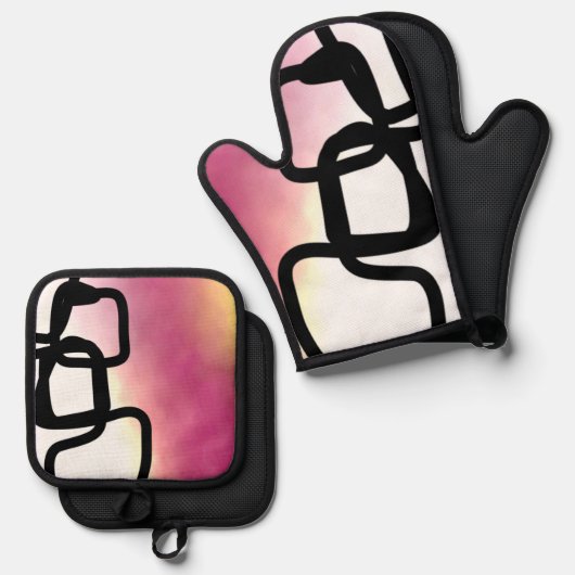 Blockchain: Abstract Roze, Geel, Zwart & Wit Ovenwant & Pannenlap Set (Voorkant / Achterkant)