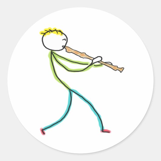 Blockfluitspelende Stickman Ronde Sticker (Voorkant)