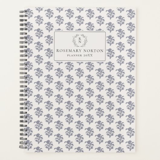 Blockprint geïnspireerde blauwe bloemen planner (Voorkant)