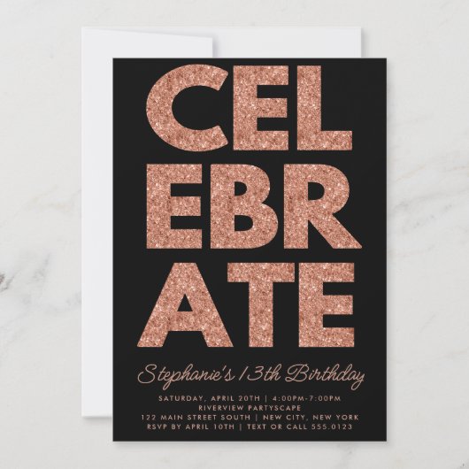 Bloed CELEBRATE Black, Roos Gold Glitter Birthday Kaart (Voorkant)
