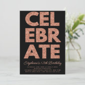Bloed CELEBRATE Black, Roos Gold Glitter Birthday Kaart (Staand voorkant)