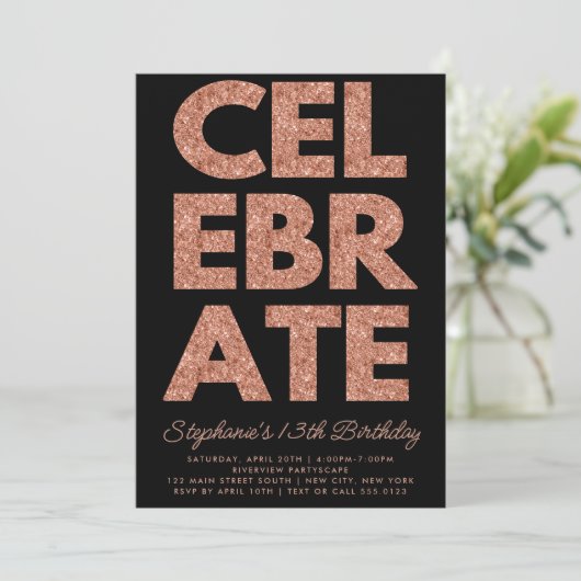 Bloed CELEBRATE Black, Roos Gold Glitter Birthday Kaart (Staand voorkant)