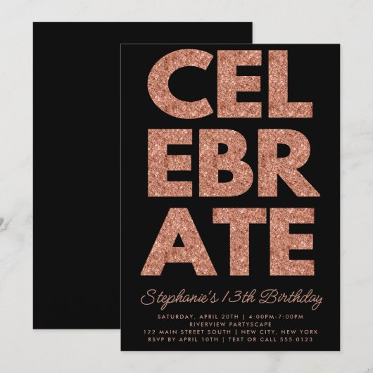 Bloed CELEBRATE Black, Roos Gold Glitter Birthday Kaart (Voorkant / Achterkant)