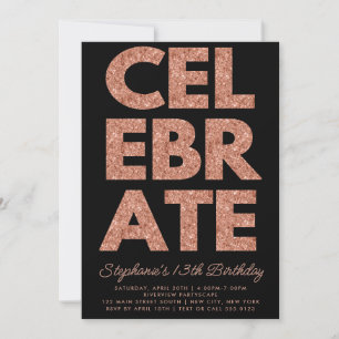 Bloed CELEBRATE Black, Roos Gold Glitter Birthday Kaart