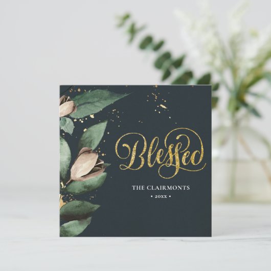 BLOED | Elegant Magnolia Festive Gold Confetti Feestdagenkaart (Staand voorkant)