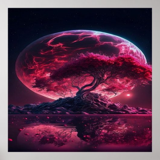 Bloed Maan stijgt. Paarse roze maanfantasie Poster (Voorkant)
