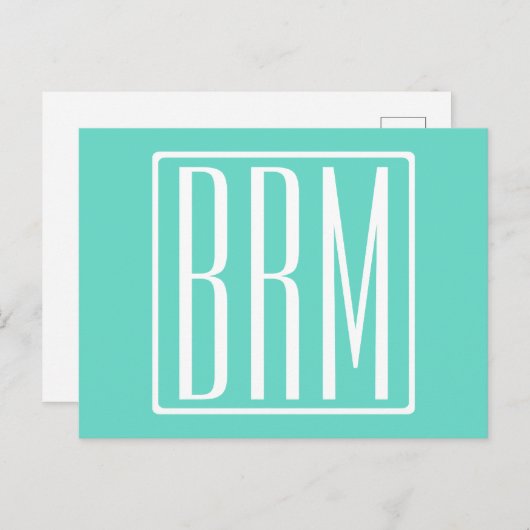Bloed modern 3 Initialen monogram | White on Aqua Briefkaart (Voorkant / Achterkant)