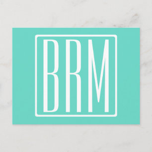 Bloed modern 3 Initialen monogram   White on Aqua Briefkaart