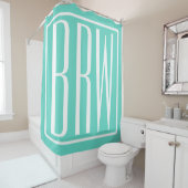 Bloed modern 3 Initialen monogram | White on Aqua Douchegordijn (In situ)