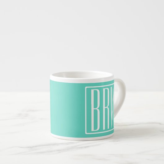 Bloed modern 3 Initialen monogram | White on Aqua Espresso Kop (Voorkant rechts)
