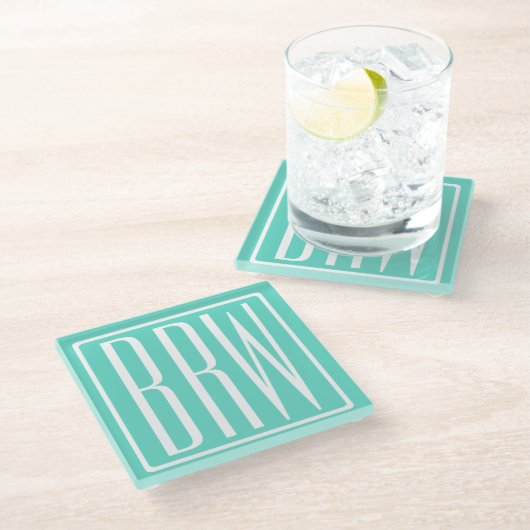 Bloed modern 3 Initialen monogram | White on Aqua Glazen Onderzetter (Schuin)