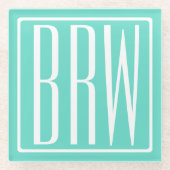 Bloed modern 3 Initialen monogram | White on Aqua Glazen Onderzetter (Voorkant)