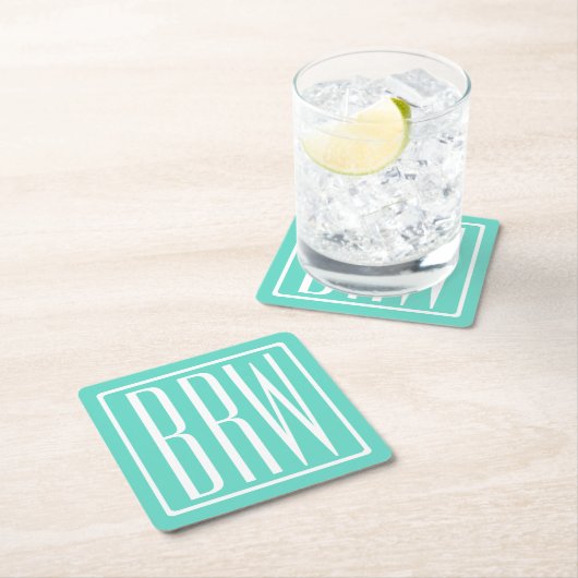 Bloed modern 3 Initialen monogram | White on Aqua Kartonnen Onderzetters (Insitu)