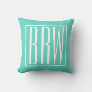 Bloed modern 3 Initialen monogram   White on Aqua Kussen