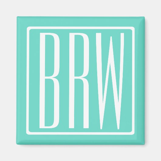 Bloed modern 3 Initialen monogram | White on Aqua Magneet (Voorkant)