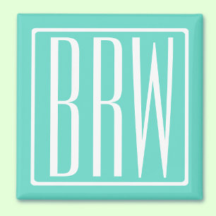Bloed modern 3 Initialen monogram   White on Aqua Magneet