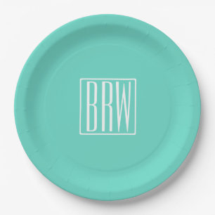 Bloed modern 3 Initialen monogram   White on Aqua Papieren Bordje
