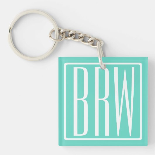 Bloed modern 3 Initialen monogram | White on Aqua Sleutelhanger (Voorkant)