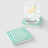 Bloed modern 3 Initialen monogram | White on Aqua Stenen Onderzetter (Zijkant)