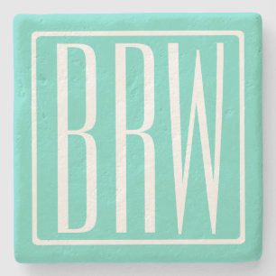Bloed modern 3 Initialen monogram   White on Aqua Stenen Onderzetter