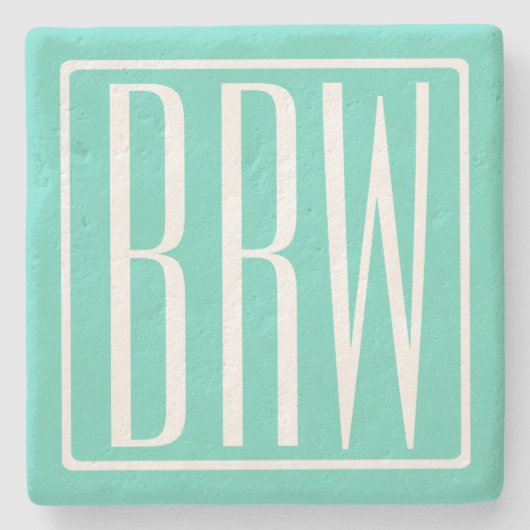 Bloed modern 3 Initialen monogram | White on Aqua Stenen Onderzetter (Voorkant)