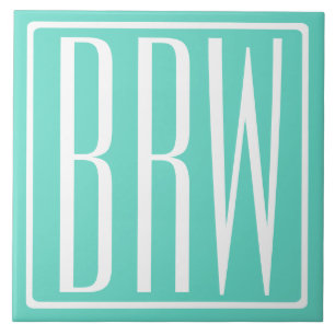 Bloed modern 3 Initialen monogram   White on Aqua Tegeltje