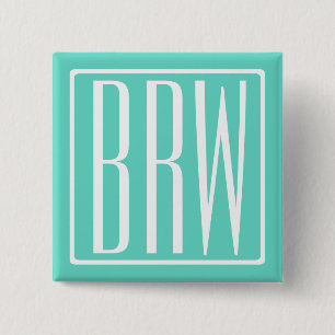 Bloed modern 3 Initialen monogram   White on Aqua Vierkante Button 5,1 Cm