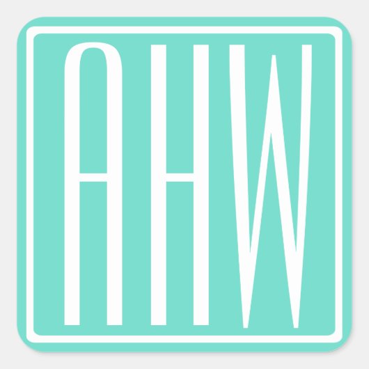 Bloed modern 3 Initialen monogram | White on Aqua Vierkante Sticker (Voorkant)