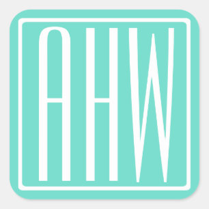 Bloed modern 3 Initialen monogram   White on Aqua Vierkante Sticker