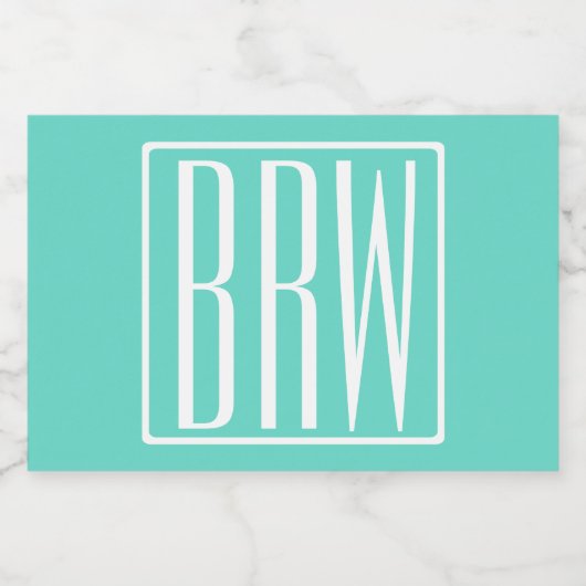 Bloed modern 3 Initialen monogram | White on Aqua Voedselcontainer Etiket (Enkel label)