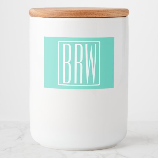 Bloed modern 3 Initialen monogram | White on Aqua Voedselcontainer Etiket (Voorkant)