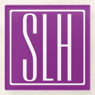 Bloed modern 3 Initialen monogram   Wit en Paars Glazen Onderzetter