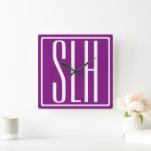 Bloed modern 3 Initialen monogram | Wit en Paars Vierkante Klok (Huis)