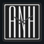 Bloed modern 3 Initialen monogram | Zwart wit Vierkante Klok<br><div class="desc">Classy,  vet en modern.</div>