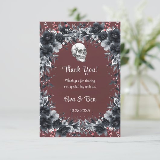 Bloed Rood Gotisch Zwart Bloemen Schedel Huwelijk Bedankkaart (Staand voorkant)