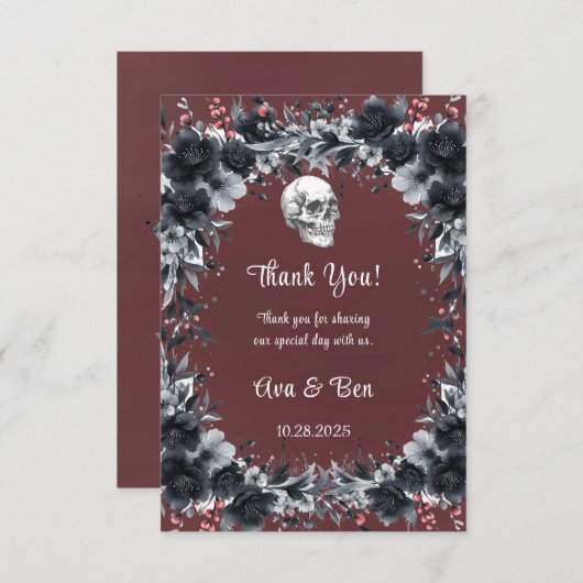 Bloed Rood Gotisch Zwart Bloemen Schedel Huwelijk Bedankkaart (Voorkant / Achterkant)
