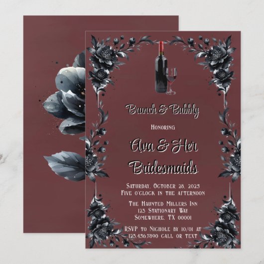 Bloed Rood Gotisch Zwart Bloemen Wijn Brunch & Bub Kaart (Voorkant / Achterkant)