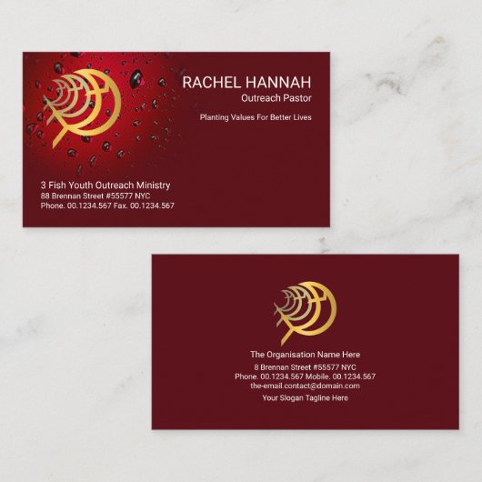 Bloed rood water druppelt met Ichthus Fish Pastora Visitekaartje (Voorkant / Achterkant)